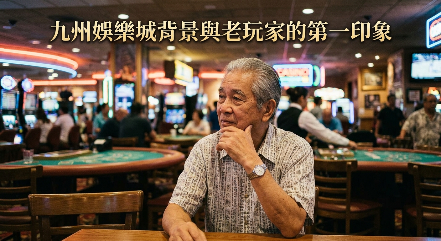 一張以娛樂城為背景的照片,一名年長玩家深思地坐著。 上方標註標題「九州娛樂城背景與老玩家的第一印象」。
