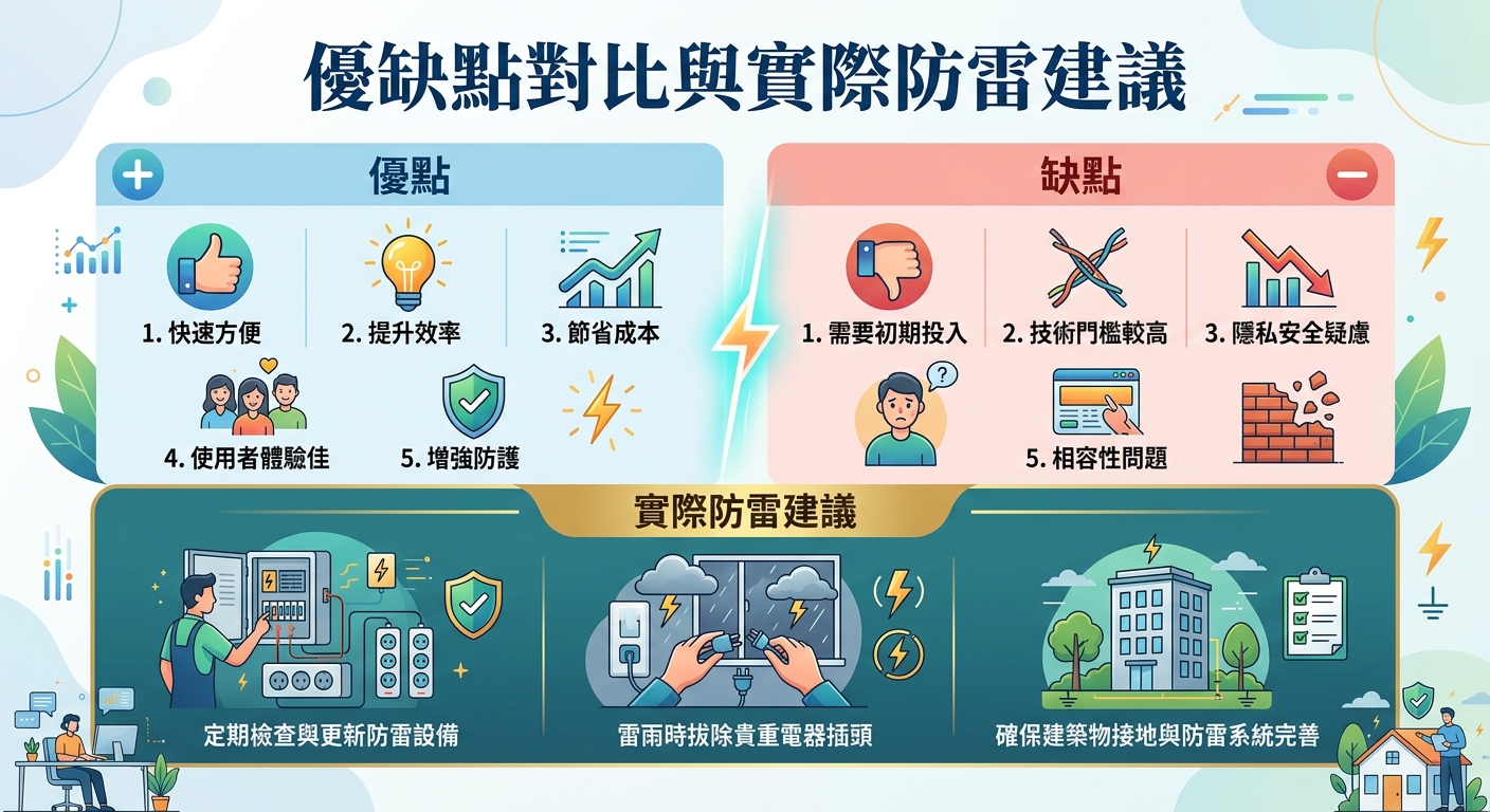 這張圖表採用清晰的圖文設計,上半部對比了優缺點,下半部則列出實際防雷建議。 整體配色明亮且搭配豐富圖示,方便讀者快速掌握核心資訊與實用技巧。